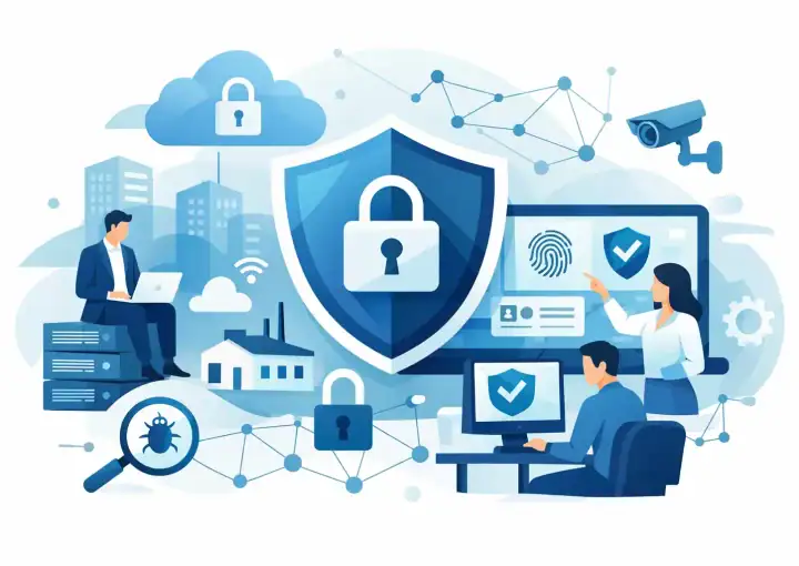 Illustration of cybersecurity and IT support for small businesses, featuring shield, lock, and digital security elements.