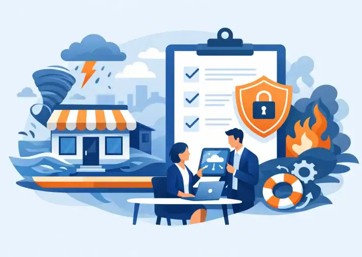 Illustration of small business disaster recovery planning with cybersecurity, data backup, and risk management elements.