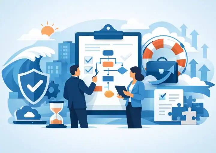 Business continuity planning process with professionals analyzing strategies to ensure organizational resilience and cybersecurity readiness.