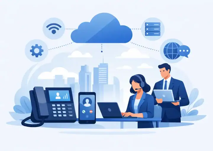 Modern hosted VoIP phone system for businesses with cloud connectivity, enabling seamless communication and remote work capabilities.