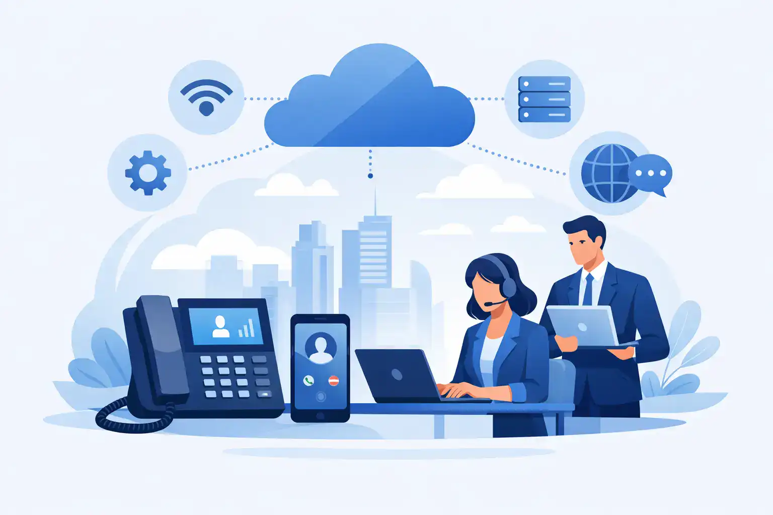 Modern hosted VoIP phone system for businesses with cloud connectivity, enabling seamless communication and remote work capabilities.