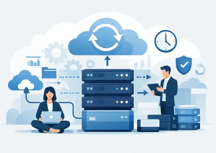 Illustration of data backup process with cloud storage, servers, and cybersecurity elements emphasizing the importance of regular data backups for business continuity.
