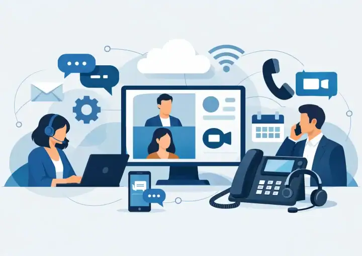 Modern business communication tools including video conferencing, VoIP phones, and instant messaging to enhance collaboration and productivity.