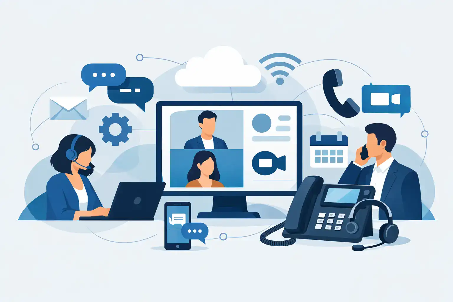 Modern business communication tools including video conferencing, VoIP phones, and instant messaging to enhance collaboration and productivity.